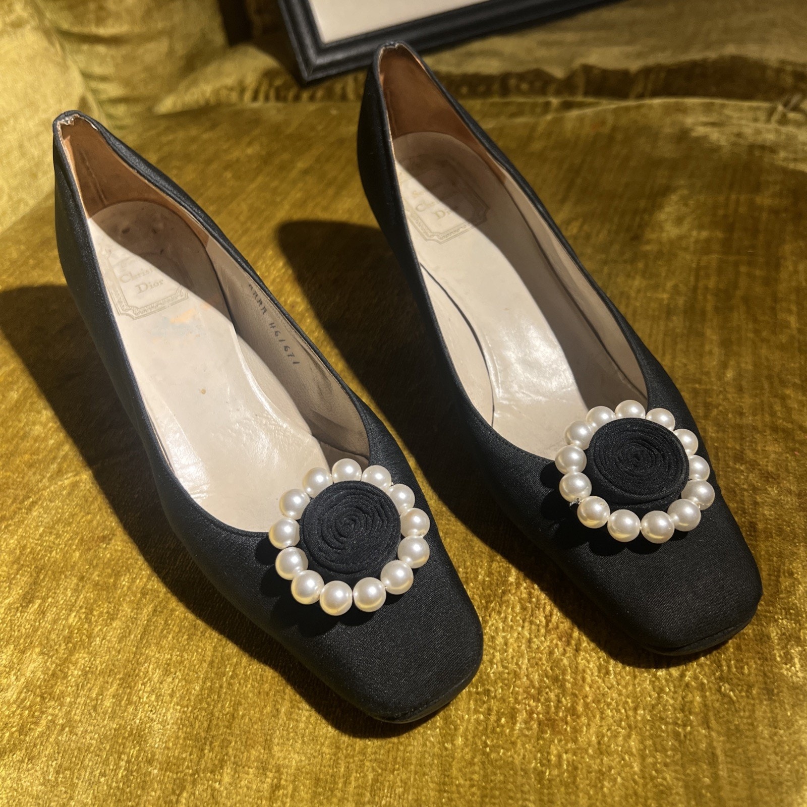 Christian Dior 'Dior Rose' Black Silk And Faux Pearl Shoes, Vintage 1965 Size 8